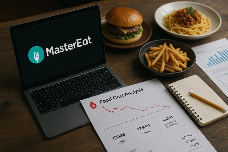 Οικονομική ανάλυση κόστους σε εστιατόριο – laptop, σημειώσεις και τρόφιμα σε τραπέζι